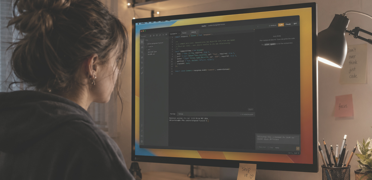 A developer working at a monitor showing a code editor