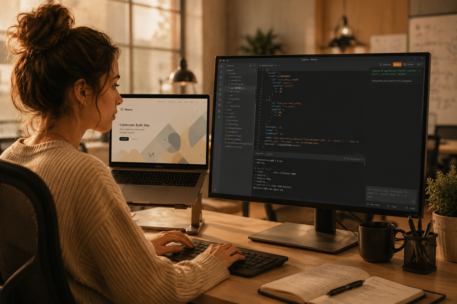 A developer at a warm home-office desk editing a project in the Codira IDE on a large monitor — file explorer, code, and a running dev server — with the app's marketing site open on a laptop beside her