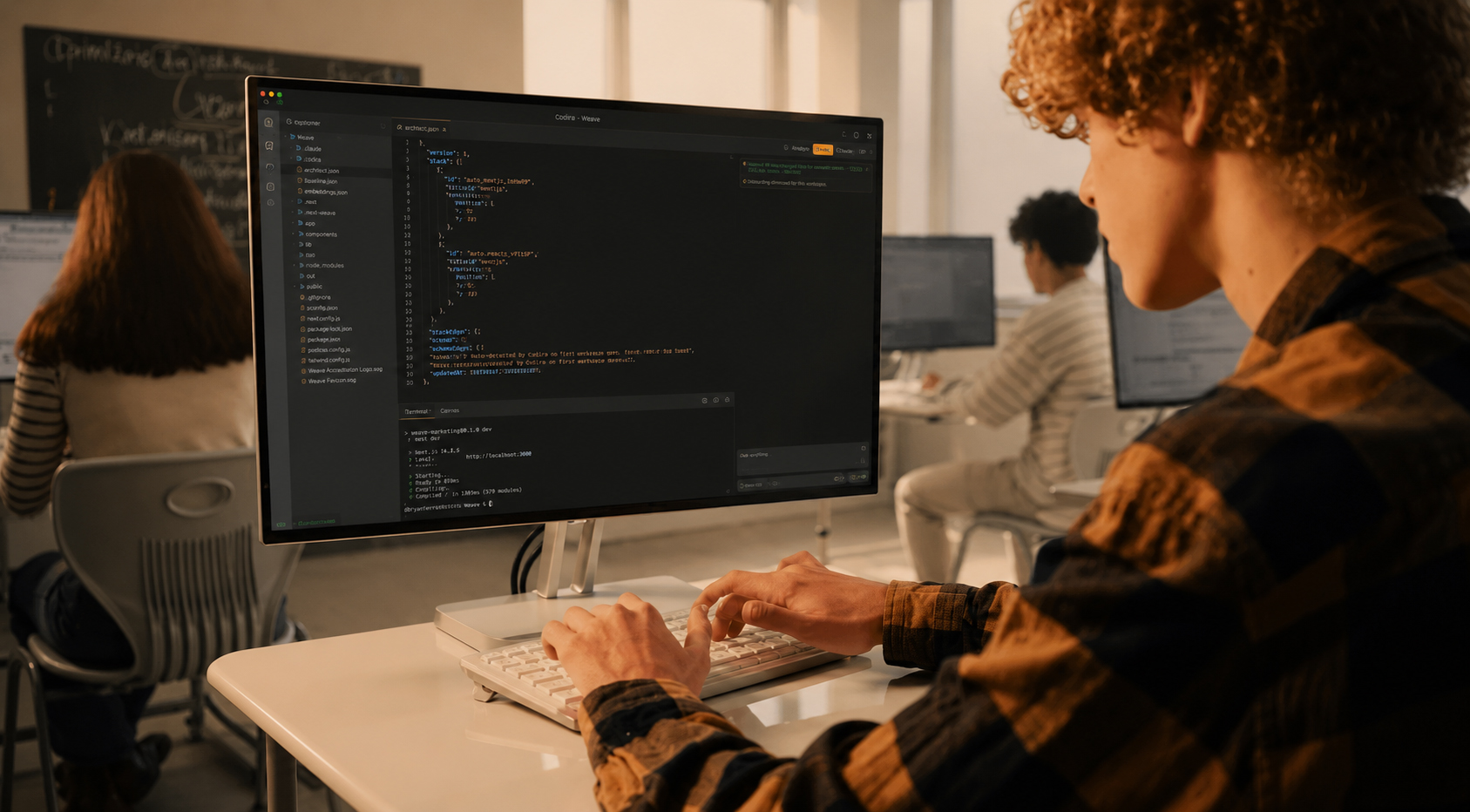 A student coding in the Codira IDE on a desktop monitor in a classroom