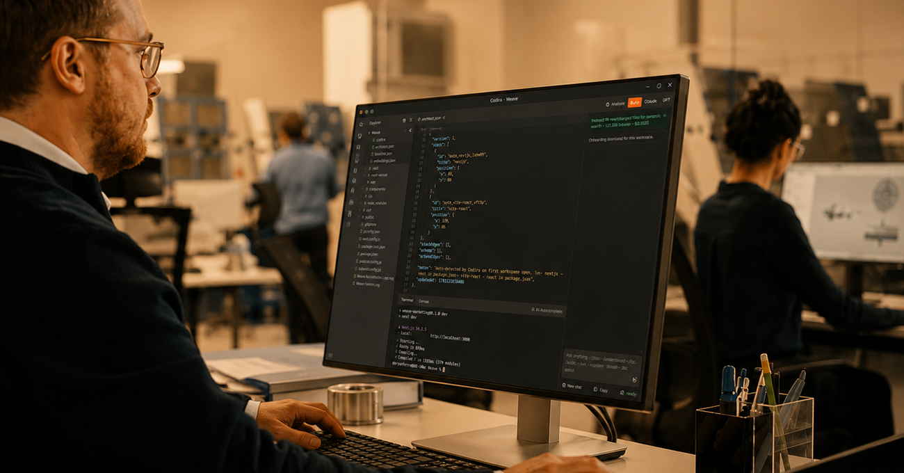 An engineer working in the Codira IDE on a large monitor in a professional office