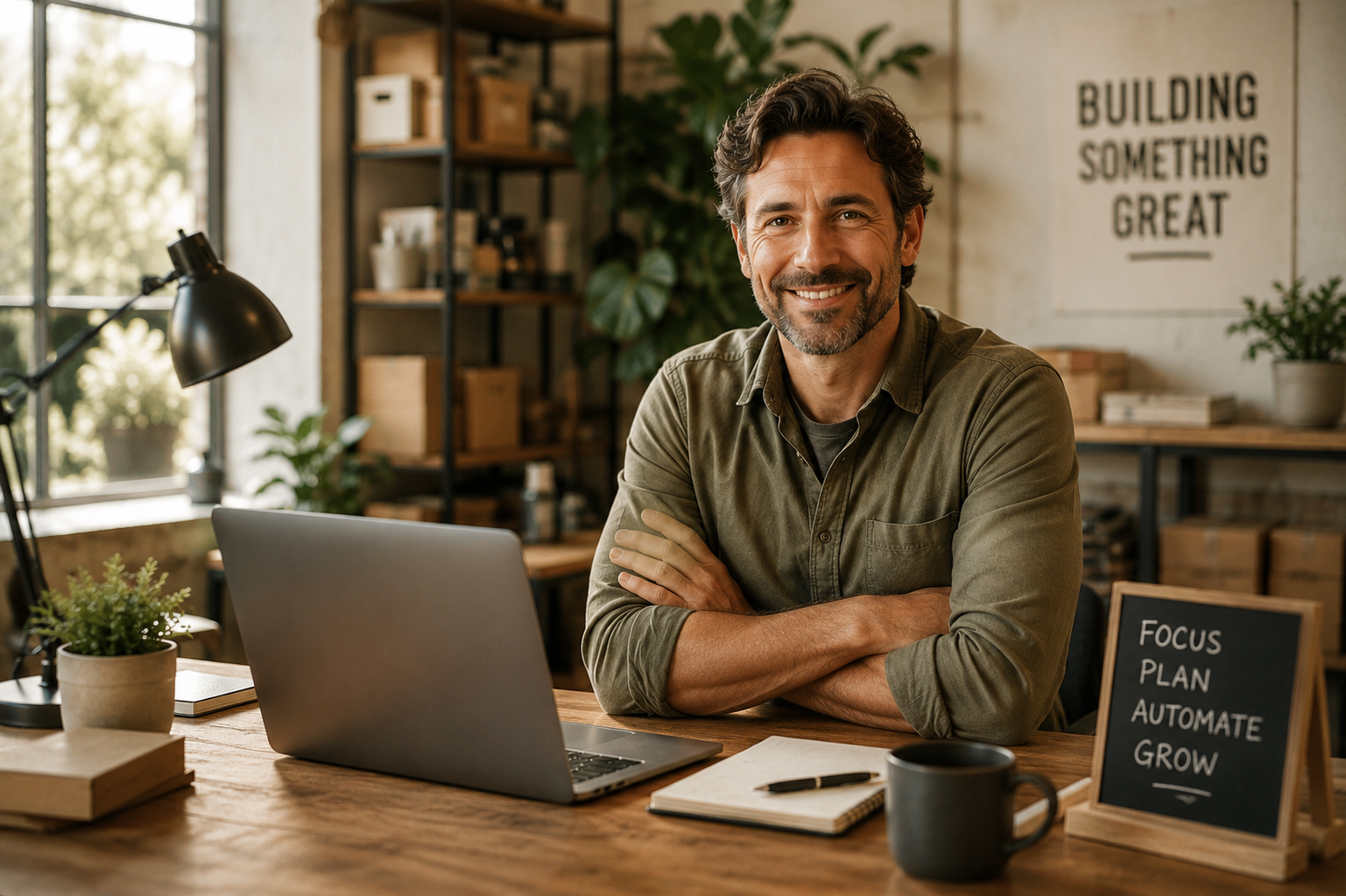 A small-business owner smiling at his desk with a laptop in a warm workspace, beside a chalkboard reading focus, plan, automate, grow