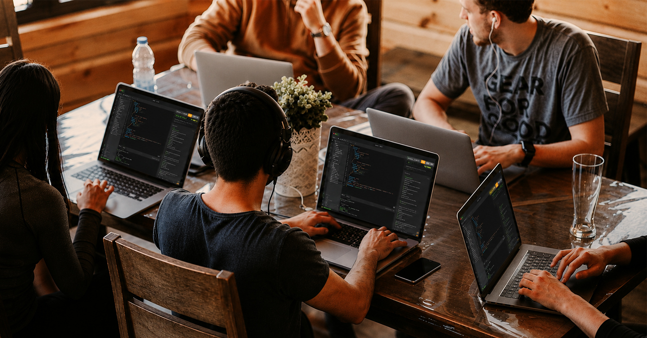 A team of developers coding together around a shared table with laptops open to code editors